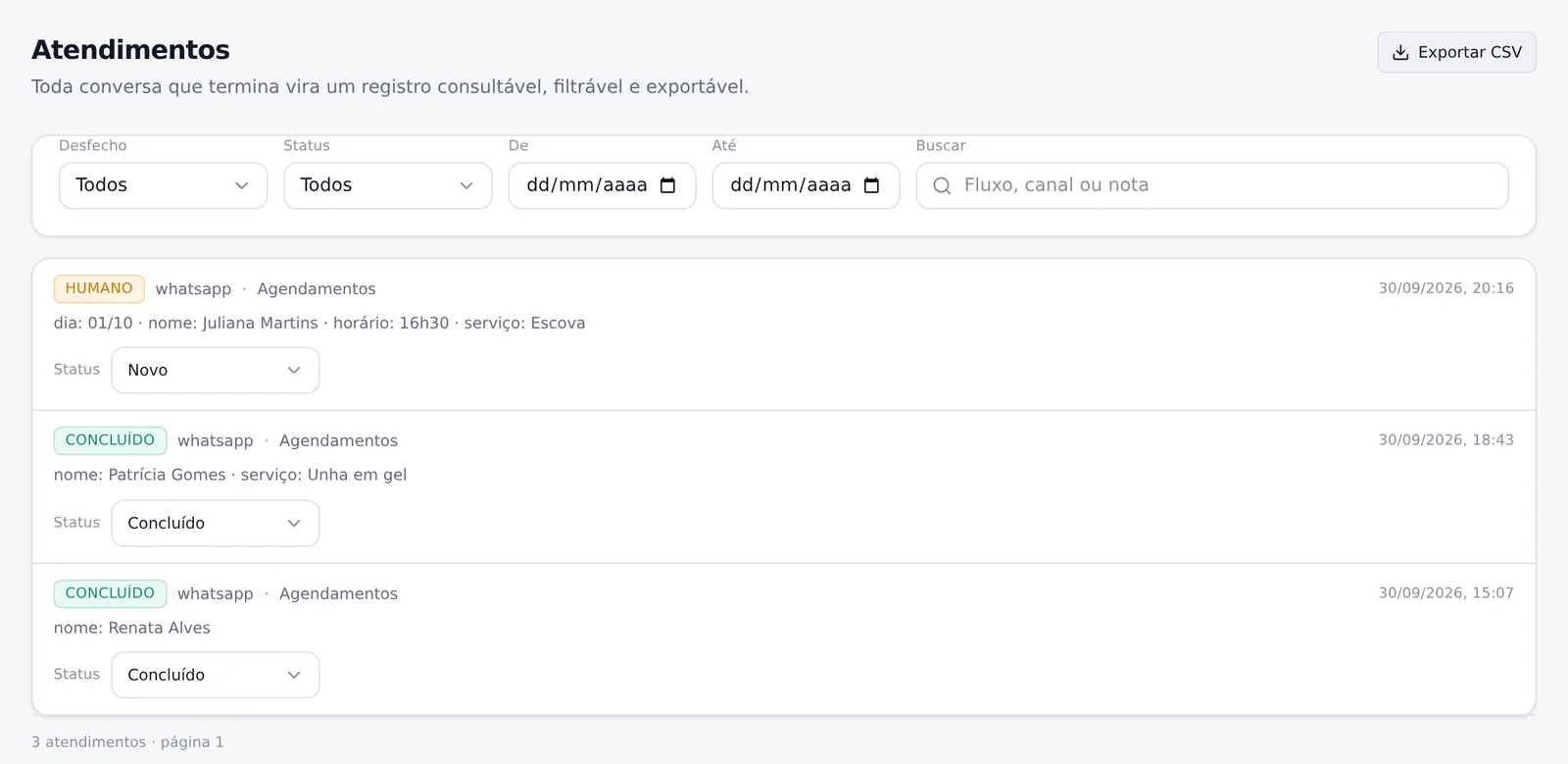 Lista de atendimentos do Studio da Ana: cada conversa com nome, serviço, dia e horário, status e o botão Exportar CSV