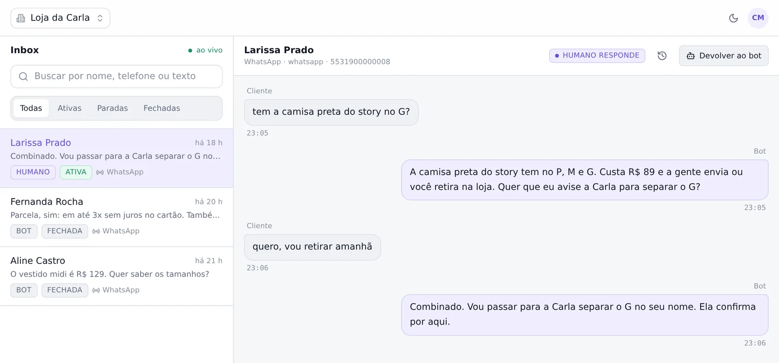 Painel da Loja da Carla: a conversa da Larissa sobre a camisa preta no G, passada para a Carla separar no nome dela