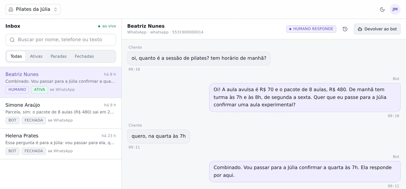 Painel do Pilates da Júlia: a conversa da Beatriz pedindo a quarta às 7h, passada para a Júlia confirmar