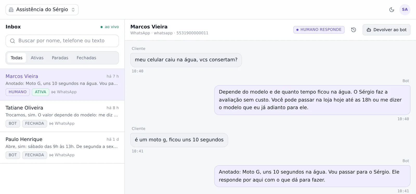 Painel da Assistência do Sérgio: a conversa do Marcos com o Moto G que caiu na água, passada para o Sérgio avaliar